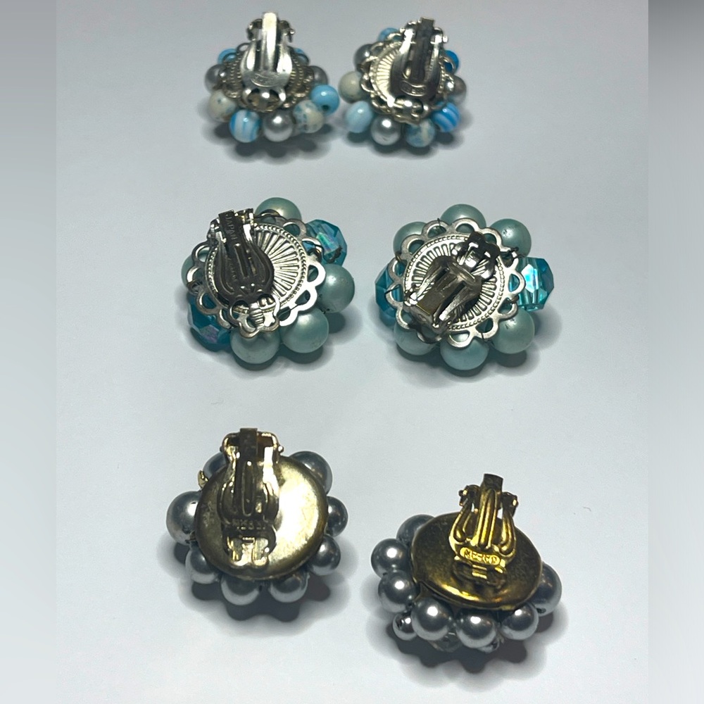 Vintage clip earrings marked Japan lot of 3 pairs blue beaded gold silver gift - Picture 5 of 15